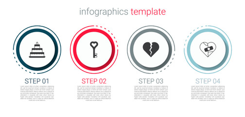 Set Wedding cake, Key heart shape, Broken or divorce and Healed broken. Business infographic template. Vector