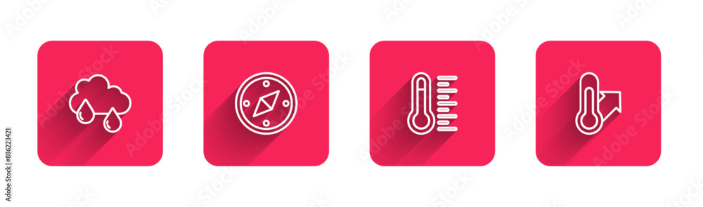 Poster set line cloud with rain, compass, meteorology thermometer and with long shadow. red square button. 