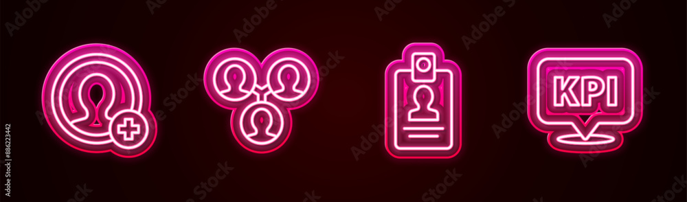 Poster set line create account screen, project team base, identification badge and key performance indicato