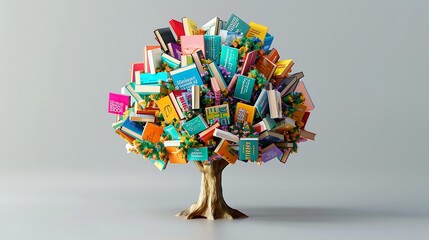 Books as leaves each leaf unique book cover on solid light grey background. The image captures the spirit of International Literacy Day.