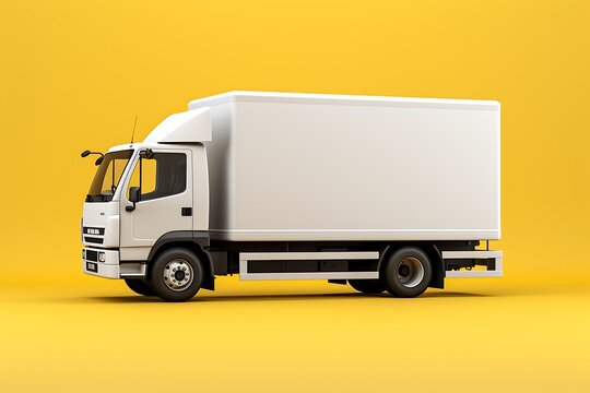 White commercial delivery truck on a yellow background with shadow. 3d rendering