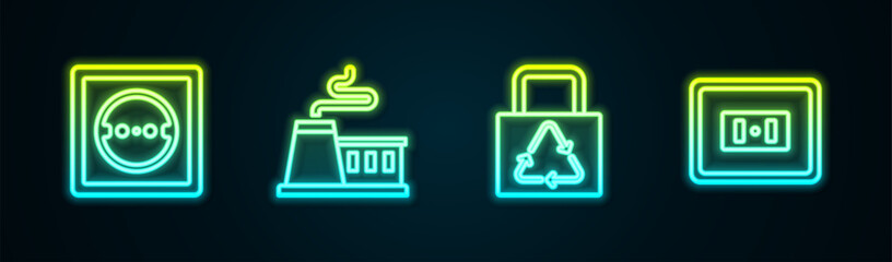 Set line Electrical outlet, Factory, Paper bag with recycle and . Glowing neon icon. Vector