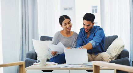 Bank, documents and laptop with couple on sofa in living room of home for accounting review....