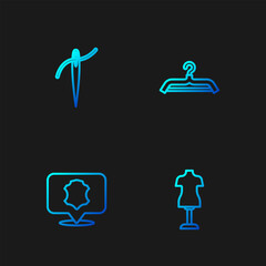 Set line Mannequin, Leather, Needle with thread and Hanger wardrobe. Gradient color icons. Vector