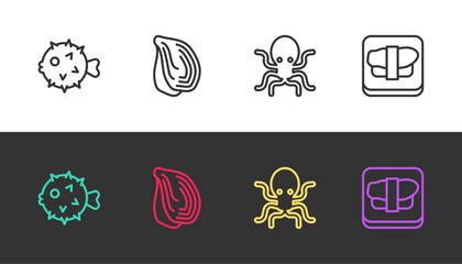 Set line Fish hedgehog, Mussel, Octopus and Sushi on cutting board on black and white. Vector