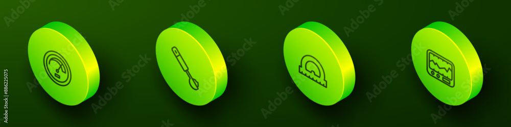 Poster set isometric line speedometer, measuring spoon, protractor and instrument icon. vector