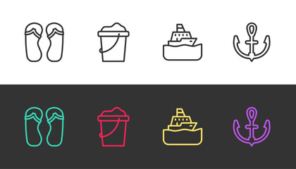 Set line Flip flops, Sand in bucket, Cruise ship and Anchor on black and white. Vector
