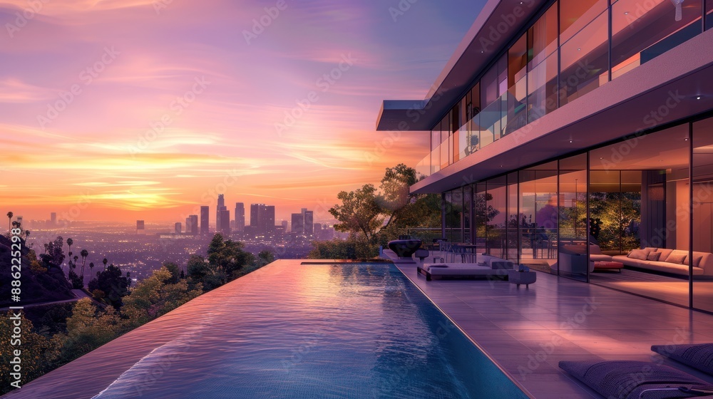 Canvas Prints modern luxury villa with breathtaking sunset view