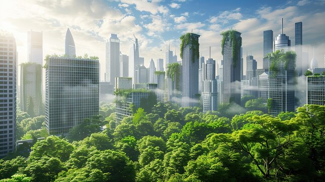Innovative sustainable urban landscape concept integrating green architecture and Eco friendly futuristic planning for a modern cityscape. Image of green city. copy space for text.