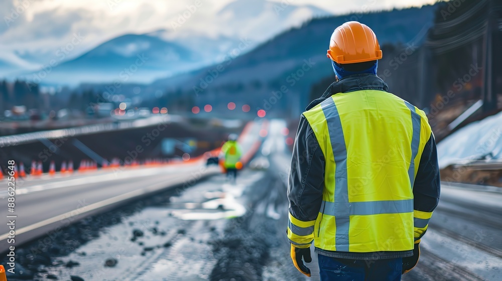 Poster engineer survey construction site. engineer wearing reflect vest and hard had. image of back view en