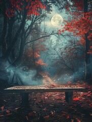 Obraz premium A Halloween scene with a wooden table in a spooky forest at night, adorned with red leaves and bathed in eerie moonlight creates a hauntingly beautiful ambiance.