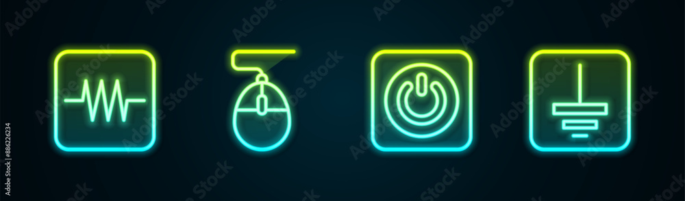 Poster set line resistor in electronic circuit, computer mouse, power button and electrical symbol ground. 