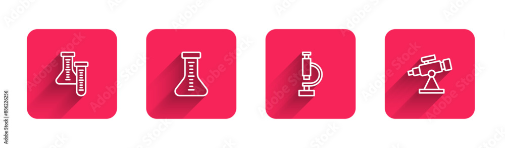 Poster set line test tube, microscope and telescope with long shadow. red square button. vector
