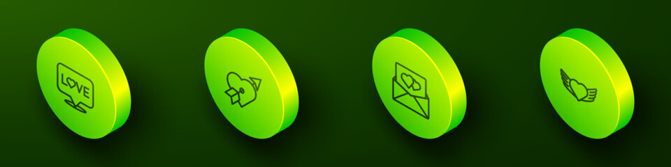 Set Isometric line Love text, Amour with heart and arrow, Envelope Valentine and Heart wings icon. Vector