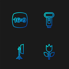 Set line Photo mode macro, Studio light bulb in softbox, frame 16 and camera flash. Gradient color icons. Vector