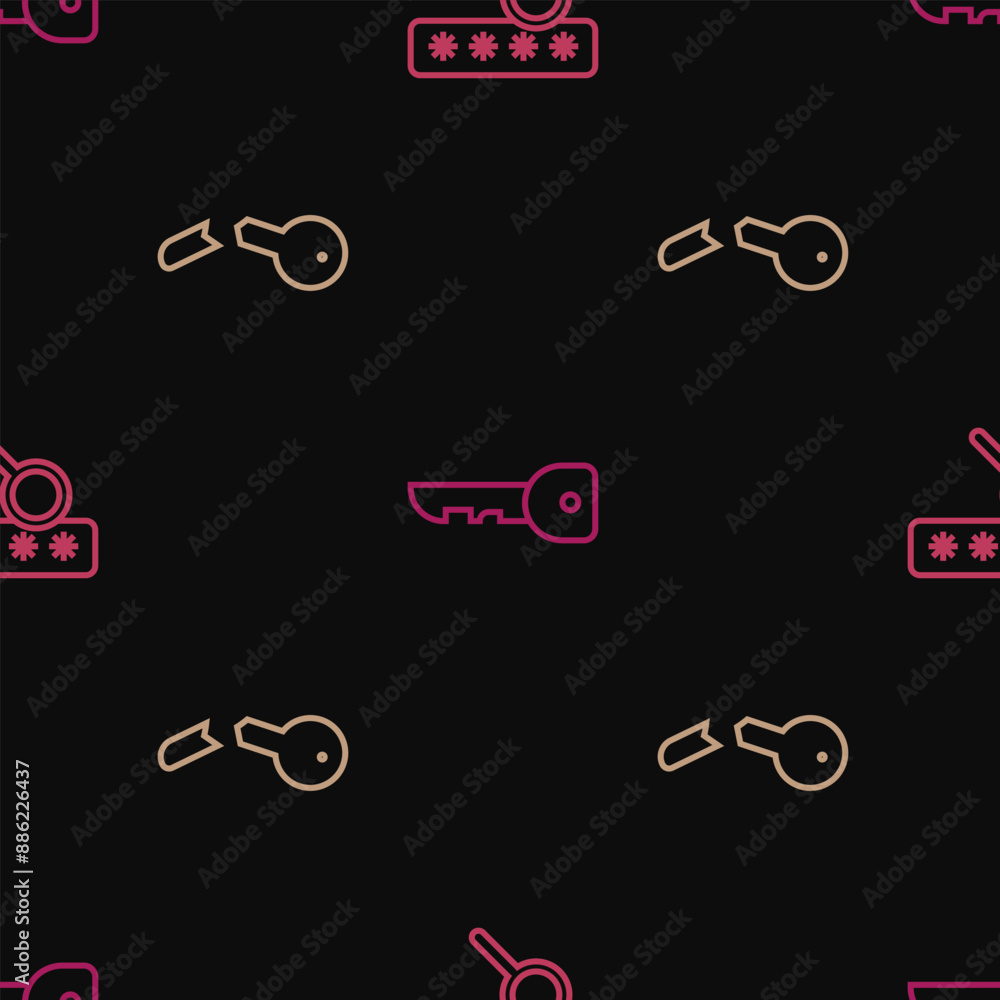 Poster set line password protection, broken key and key on seamless pattern. vector
