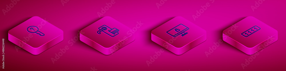 Poster set isometric line undefined key, digital door lock, lock on computer monitor and password protectio
