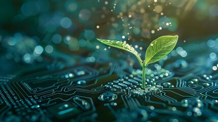 Digital evolution concept with a seedling growing from a circuit board, symbolizing the integration of nature and technology