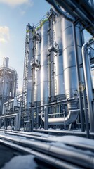 Generative AI Imagined Clean H2 Energy Concept Featuring Hydrogen Power Plant with Large Steel Tanks and Pipelines. Wide-Angle View, 4K High-Resolution Wallpaper.