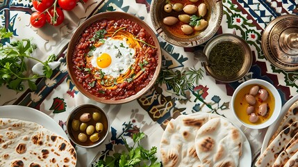 A traditional Arabic breakfast setting of dishes shakshuka labneh olives and flatbreads on a table