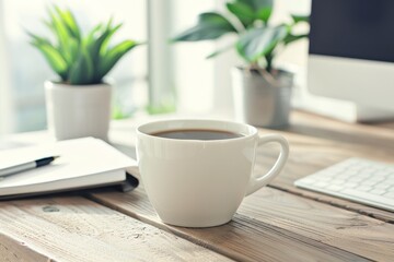 Coffee Break at Work: A Coffee Cup on a Desk with a Bright and Refreshing Office Ambiance