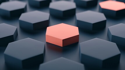 Fototapeta premium A minimalist dark blue hexagonal backdrop with a vibrant peach center, highlighted by a smooth 3D rendering