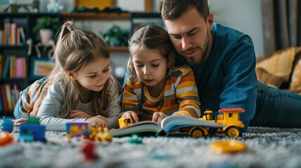 Young nuclear family playing with toys in a living room. Parents and children lying on floor, looking at children's story book, spending weekend day indoors. copy space for text.