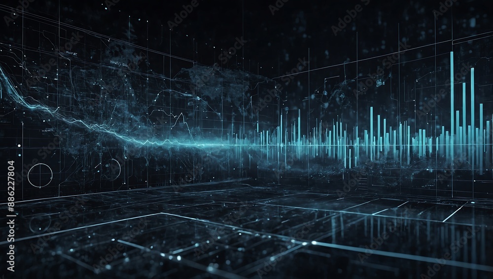 Poster technological backdrop with big data visualization and information flow