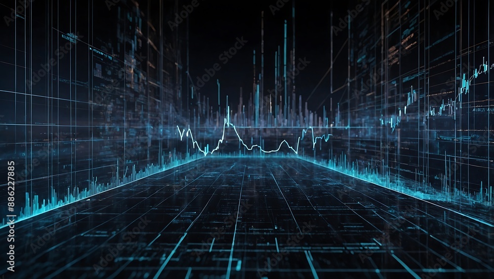 Poster technological backdrop with big data visualization and information flow