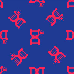 Red No GMO icon isolated seamless pattern on blue background. Genetically modified organism acronym. Dna food modification. Vector