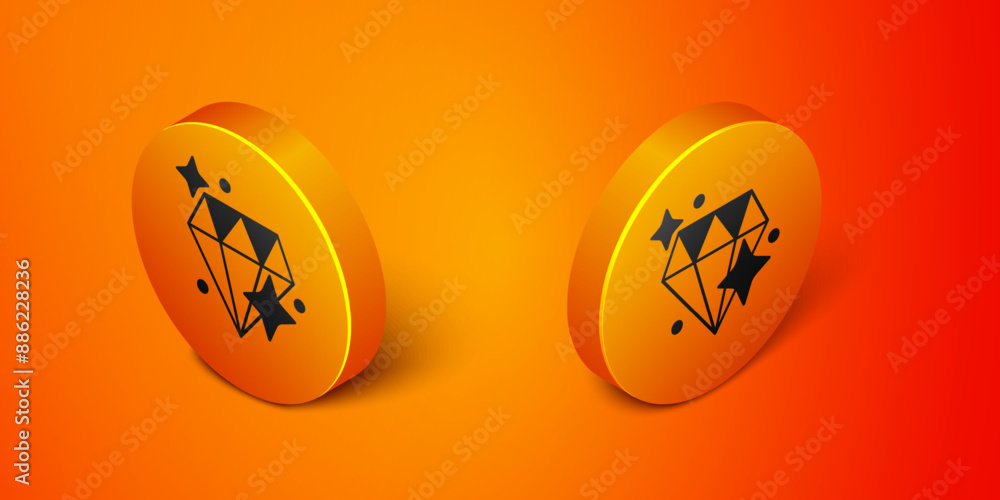 Poster isometric diamond icon isolated on orange background. jewelry symbol. gem stone. orange circle butto