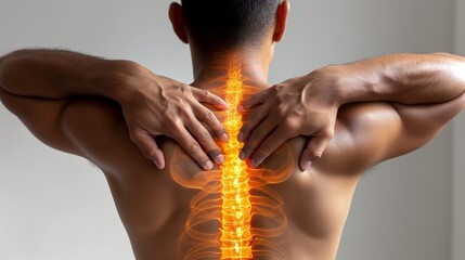 A digital rendering of a human spine glowing with heat points, emphasizing spinal health and pain areas.