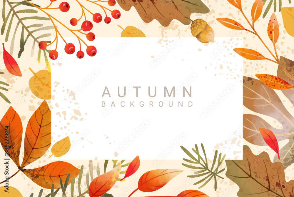 Wall mural autumn abstract background with beautiful watercolor leaves and berries. frame with a pattern of lea