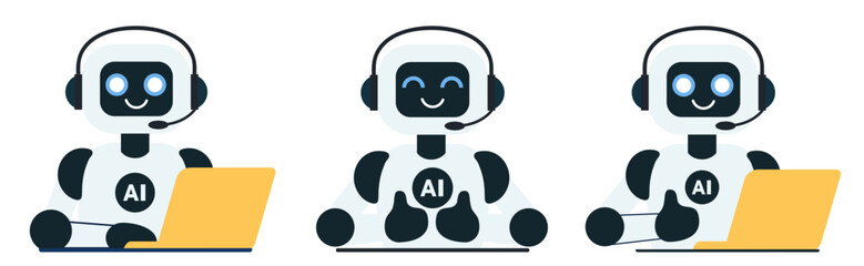 Fototapeta premium Set of cute chat bot robot with yellow laptop illustrations. Robot assistant with yellow laptop for customer support. AI bot helper. Concept of virtual conversation assistant for getting help. Robot