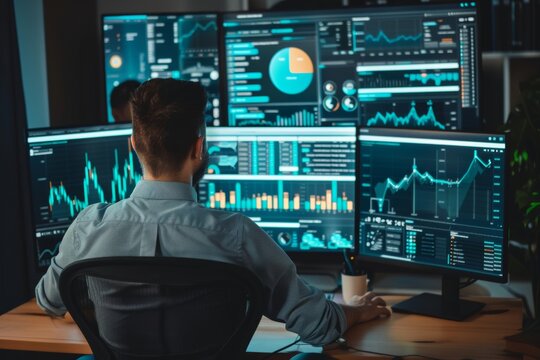 An SEO specialist analyzes website traffic on a digital dashboard, focusing on data analysis, search engine optimization strategies, and strategic insights.