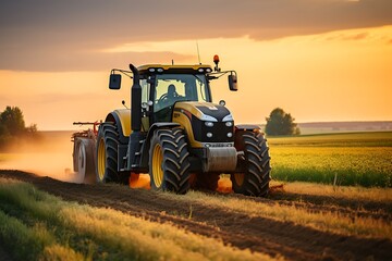 Fototapeta premium Tractor working on the field at sunset. Tractor in the field.