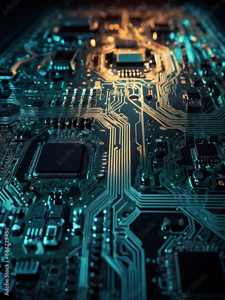 Poster technology-themed abstract background resembling a futuristic circuit board in processing mode