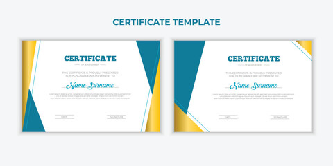 Fototapeta premium turquoise and gold Certificate of achievement template set with gold badge and border. Award diploma design blank.