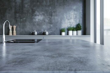 Empty concrete kitchen countertop with blurred background showing modern kitchen