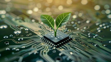 A seedling sprouting from a circuit board, depicting technological growth and the merging of nature and technology