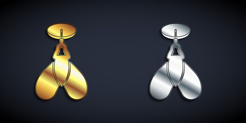 Gold and silver Dart arrow icon isolated on black background. Long shadow style. Vector