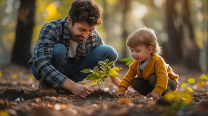 A father and his young son plant a sapling together in a golden forest, sharing a special moment of learning and connection.