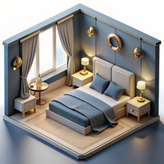 Fototapeta premium 3D Render of a luxury bedroom with a king-sized bed and elegant lighting fixtures, on isolated white background, Generative AI
