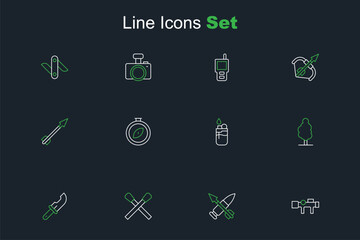 Set line Sniper optical sight, Crossed bullet with arrow, Burning match fire, Hunter knife, Tree, Lighter, Compass and Medieval icon. Vector