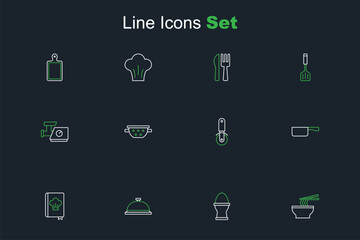 Set line Asian noodles in bowl, Chicken egg on stand, Covered with tray of food, Cookbook, Frying pan, Pizza knife, Kitchen colander and meat grinder icon. Vector