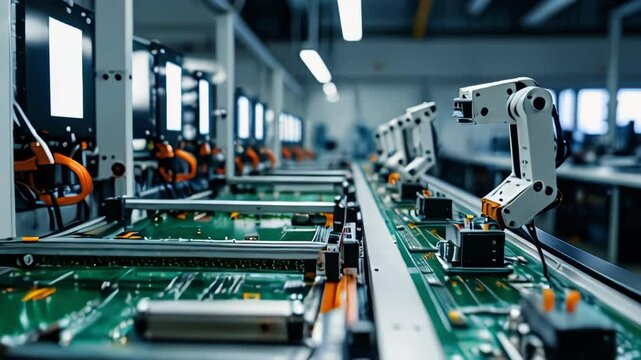 Close up of Fully Automated PCB Assembly Line Equipped with Advanced High Precision Robot Arms at Electronics Factory. Semiconductor Production Industry. Component Installation on Circuit Board.