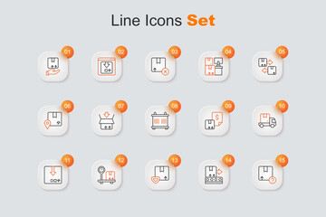 Set line Carton cardboard box, Conveyor belt with, Delivery security shield, Scale, cargo truck, Waybill and Container icon. Vector