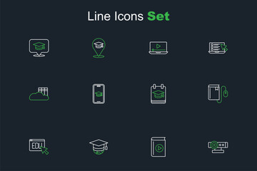 Set line Web camera, Audio book, Graduation cap on globe, Online education, Electronic with mouse, mobile and Cloud or online library icon. Vector