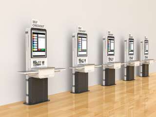 Self-checkout kiosks or self-service payment machines in a row