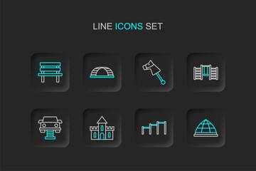 Set line Playground climbing equipment, Sport horizontal bar, Sand castle, Swing car, Swedish wall, Toy horse, Monkey and Bench icon. Vector